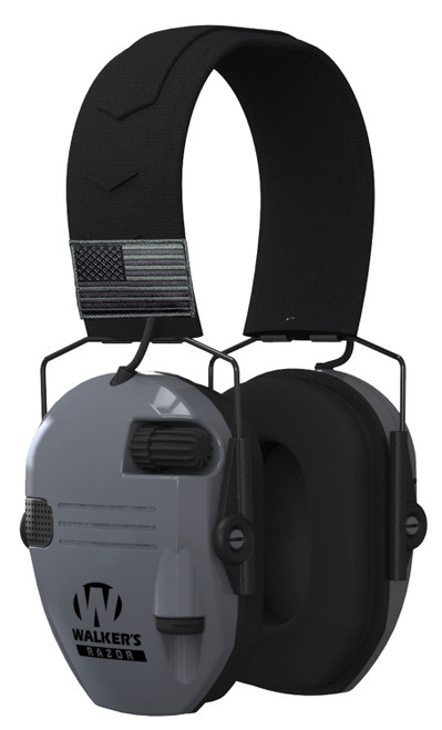 Walker's GWPRSEMPATGY Razor Slim Patriot Electronic Muff Polymer 23 dB Over the Head Gray Ear Cups with Black Headband & Flag Patch Adult Features Exclusive NRR & Color