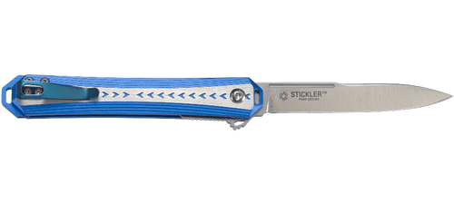 CRKT Stickler Assisted Flipper Knife - 3.38" Sandvik 12C27 Satin Spear Point Blade, Blue and Silver Aluminum Handles CRKT Stickler Assisted Flipper Knife - 3.38" Sandvik 12C27 Satin Spear Point Blade, Blue and Silver Aluminum Handles