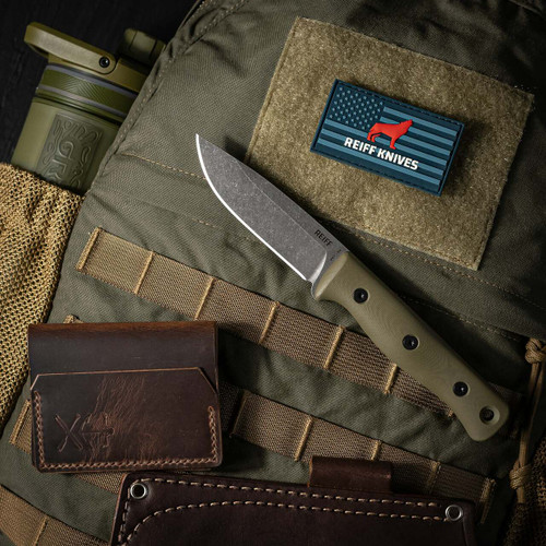 Reiff Knives F4 Bushcraft Survival Knife - 4.0" CPM 3V Drop Point Blade, OD Green G10 Handle, Kydex Sheath Reiff Knives F4 Bushcraft Survival Knife - 4.0" CPM 3V Drop Point Blade, OD Green G10 Handle, Kydex Sheath