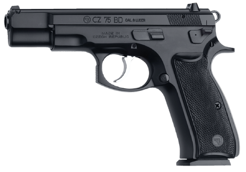 CZ-USA 91130 CZ 75 BD - 9mm Luger Caliber with 4.60" Non-Tilted Barrel, 16+1 Capacity, Black Polycoat Finish Serrated Trigger Guard & Beavertail Frame, Inside Railed Black Slide, Polymer Grip & Decocker Safety