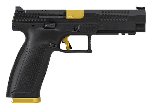 CZ-USA 95180 P-10 F Competition-Ready 9mm Luger Caliber with 5" Barrel, 19+1 Capacity, Overall Black Finish, Polymer with Picatinny Rail Frame, Inside Railed Steel with Optic Cut & Gold Accent Slide, Polymer Grip & Gold Finish Trigger & Mag Plate