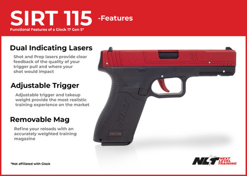 NextLevel Training SIRT 115 Laser Training Pistol - Glock 17 Size, Black and Red, Polymer, Red Take Up Laser/Green Shot Indicating Laser, Inert Dual Training Pistol with Functional Features, Includes Sights, One Adjustable Weight Mag