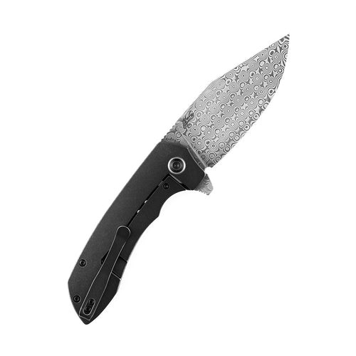 Kansept Knives Entity Flipper Knife - 3.52" Damascus Clip Point Blade, Black Stonewashed Titanium Handles - K1036B3 Kansept Knives Entity Flipper Knife - 3.52" Damascus Clip Point Blade, Black Stonewashed Titanium Handles - K1036B3