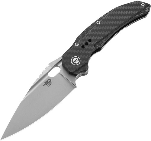 Bestech Knives Exploit Front Flipper Knife - 3.5" S35VN Satin Drop Point Blade, Gray Titanium Handles with Carbon Fiber