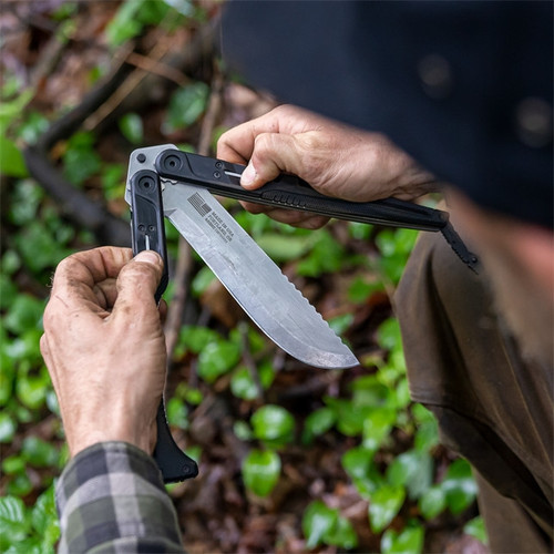 Gerber DoubleDown Folding QuadLock Machete - 6.75" 420HC Stonewashed Recurve Blade, Black Handles - 30-001536N Gerber DoubleDown Folding QuadLock Machete - 6.75" 420HC Stonewashed Recurve Blade, Black Handles - 30-001536N
