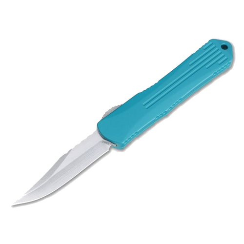 Heretic Knives Manticore-S AUTO OTF - 2.6" Stonewashed Elmax Steel Bowie Blade, Turquoise Blue Aluminum Handles