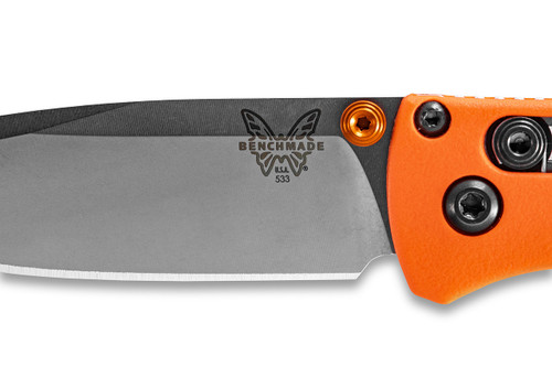 Benchmade Mini Bugout AXIS Folding Knife 2.82" S30V Satin Plain Blade, Orange Grivory Handles - 533 Benchmade Mini Bugout AXIS Folding Knife 2.82" S30V Satin Plain Blade, Orange Grivory Handles - 533