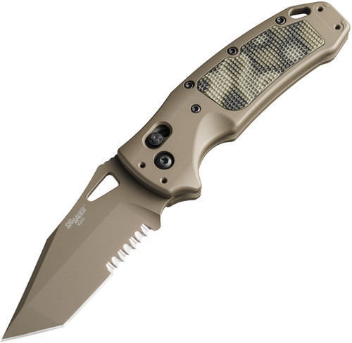 SIG Sauer by Hogue K320 AXG Scorpion ABLE Lock Folding Knife 3.5" S30V FDE Cerakote Tanto Combo Blade, FDE Aluminum Handles with G-Mascus Green G10 Inserts - 36368