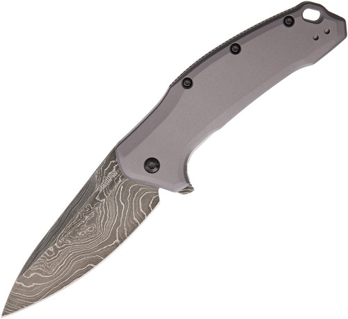 Kershaw 1776GRYDAM Link Assisted Flipper Knife - 3.25" Damascus Blade, Gray Aluminum Handles