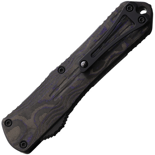 Heretic Knives Manticore-E AUTO OTF - 3.19" Black DLC Elmax Steel Partially Serrated Bowie Blade, Purple Camo Carbon Fiber and Aluminum Handles