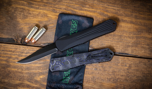 Heretic Knives Manticore-X AUTO OTF - 3.7" Black DLC Elmax Steel Bowie Blade, Purple Camo Carbon Fiber and Aluminum Handles Heretic Knives Manticore-X AUTO OTF - 3.7" Black DLC Elmax Steel Bowie Blade, Purple Camo Carbon Fiber and Aluminum Handles