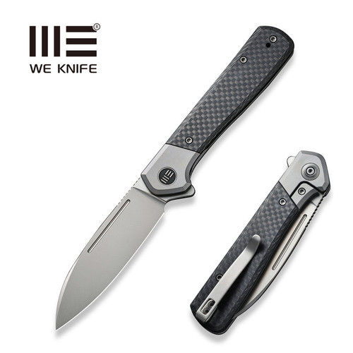 We Knife Company Soothsayer Flipper Knife - 3.48" CPM-20CV Bead Blasted Drop Point Blade, Bolstered Titanium Handles with Twill Carbon Fiber Scales - WE20050-1