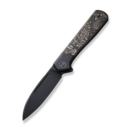 We Knife Company Soothsayer Flipper Knife - 3.48" CPM-20CV Black Stonewashed Drop Point Blade, Bolstered Titanium Handles with Copper Foil Carbon Fiber Scales - WE20050-2 We Knife Company Soothsayer Flipper Knife - 3.48" CPM-20CV Black Stonewashed Drop Point Blade, Bolstered Titanium Handles with Copper Foil Carbon Fiber Scales - WE20050-2