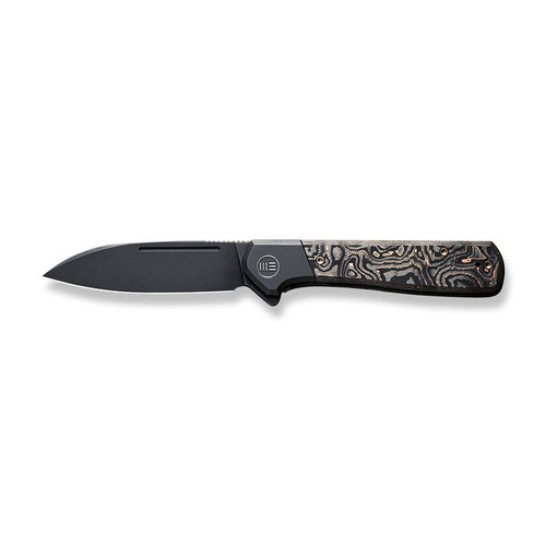We Knife Company Soothsayer Flipper Knife - 3.48" CPM-20CV Black Stonewashed Drop Point Blade, Bolstered Titanium Handles with Copper Foil Carbon Fiber Scales - WE20050-2 We Knife Company Soothsayer Flipper Knife - 3.48" CPM-20CV Black Stonewashed Drop Point Blade, Bolstered Titanium Handles with Copper Foil Carbon Fiber Scales - WE20050-2