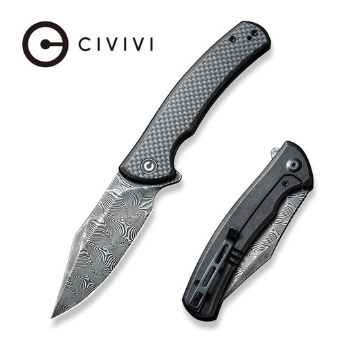 CIVIVI Knives Sinisys Flipper Knife - 3.7" Damascus Clip Point Blade, Twill Carbon Fiber/G10 and Stainless Steel Handles - C20039-DS1