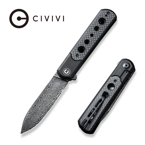 CIVIVI Knives Banneret Flipper Knife - 3.48" Damascus Drop Point Blade, Bolstered Stainless Steel Handles with Twill Carbon Fiber/G10 Scales - C20040D-DS1