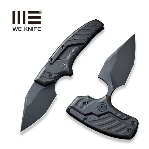 We Knife Company Typhoeus Adjustable Folding Push Dagger - 2.27" CPM-20CV Black Stonewashed Blade, Black Titanium Handles, Leather Sheath - WE21036B-1