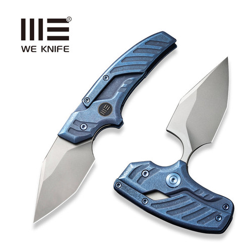 We Knife Company Typhoeus Adjustable Folding Push Dagger - 2.27" CPM-20CV Bead Blasted Blade, Blue Titanium Handles, Leather Sheath - WE21036B-3