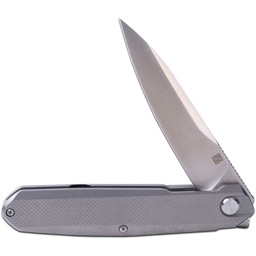 Real Steel Knives S5 Metamorph Compact Front Flipper Knife 3.07" M390 Blade, Gray Textured Titanium Handles - 7811T