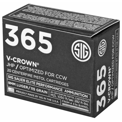 Sig Sauer 365 Elite V-Crown 9MM 115 JHP Ammo -  Designed for Short Barrel Pistols, Low Recoil, 20 Round Box Sig Sauer 365 Elite V-Crown 9MM 115 JHP Ammo -  Designed for Short Barrel Pistols, Low Recoil, 20 Round Box
