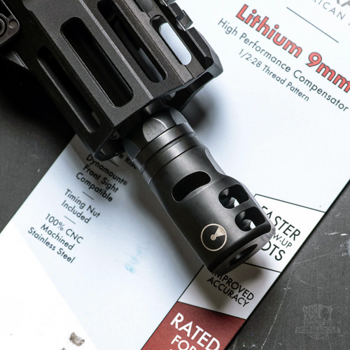 Ultradyne USA Lithium PCC Compensator Muzzle Brake with Timing Nut - 9MM, 1/2"-28 Thread, 1.125" Outside Diameter, 416 SS, Black Nitride Finish Ultradyne USA Lithium PCC Compensator Muzzle Brake with Timing Nut - 9MM, 1/2"-28 Thread, 1.125" Outside Diameter, 416 SS, Black Nitride Finish