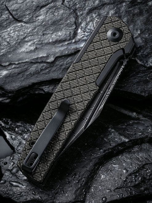 CIVIVI Knives Cachet Flipper Knife - 3.48" Damascus Clip Point Blade, Stainless Steel Handles with Dark Green Canvas Micarta Inlays - C20041B-DS1 CIVIVI Knives Cachet Flipper Knife - 3.48" Damascus Clip Point Blade, Stainless Steel Handles with Dark Green Canvas Micarta Inlays - C20041B-DS1