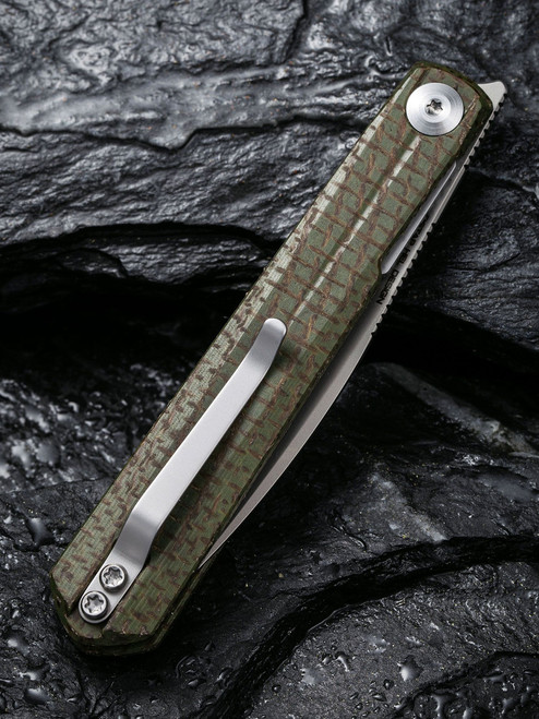 CIVIVI Knives Ostap Hel Clavi Front Flipper Knife 3.06" Nitro-V Bead Blasted Wharncliffe Blade, Green Burlap Micarta Handles - C21019-3 CIVIVI Knives Ostap Hel Clavi Front Flipper Knife 3.06" Nitro-V Bead Blasted Wharncliffe Blade, Green Burlap Micarta Handles - C21019-3