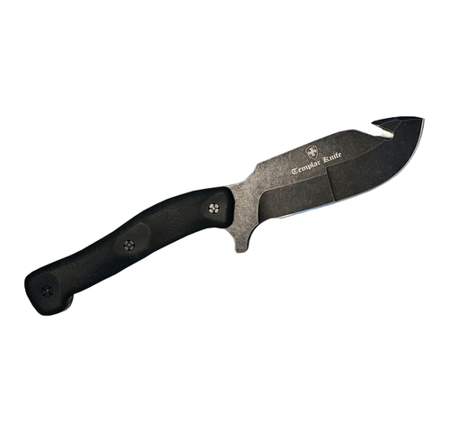 Templar Knife - Reagan - Field Dressing Fixed Knife - 4.60" Fixed Gut Hook Plain Edge D2 Steel Blade, Black G10 Handle, Leather Sheath
