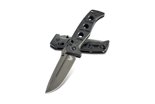 Benchmade 275GY-1 Shane Sibert Adamas Folding Knife - 3.78" CruWear Tungsten Gray Plain Blade, Black G10 Handles, Ballistic Nylon Sheath