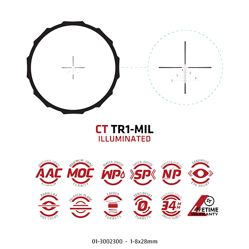 Crimson Trace Hardline 1-8X28mm LPVO Rifle Scope - Illuminated MIL Reticle, 34mm Main Tube, Matte Black Finish Crimson Trace Hardline 1-8X28mm LPVO Rifle Scope - Illuminated MIL Reticle, 34mm Main Tube, Matte Black Finish