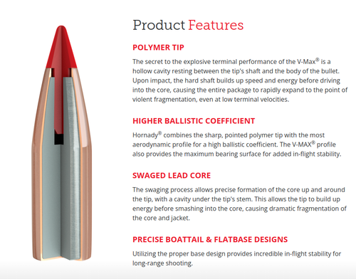 Hornady V-Max .264 Diameter / 6.5MM 95 Grain Ballistic Tip Reloading Bullets - 100 Count Hornady V-Max .264 Diameter / 6.5MM 95 Grain Ballistic Tip Reloading Bullets - 100 Count
