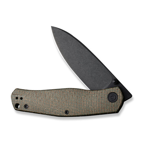 CIVIVI Knives Sokoke Front Flipper Knife - 3.35" 14C28N Black Stonewashed Drop Point Blade, Green Burlap Micarta Handles - C22007-2 CIVIVI Knives Sokoke Front Flipper Knife - 3.35" 14C28N Black Stonewashed Drop Point Blade, Green Burlap Micarta Handles - C22007-2