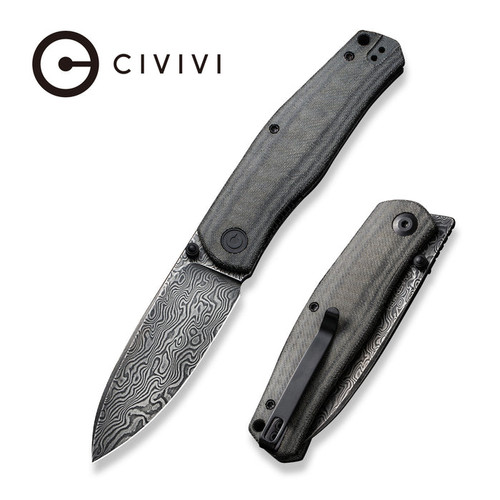CIVIVI Knives Sokoke Front Flipper Knife - 3.35" Damascus Drop Point Blade, Black Linen Micarta Handles - C22007-DS1