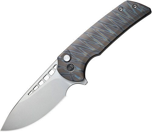 We Knife Company Mini Malice Flipper Knife - 2.98" CPM-20CV Bead Blasted Blade, Tiger Stripe Flamed Titanium Handles - WE054BL-6 We Knife Company Mini Malice Flipper Knife - 2.98" CPM-20CV Bead Blasted Blade, Tiger Stripe Flamed Titanium Handles - WE054BL-6