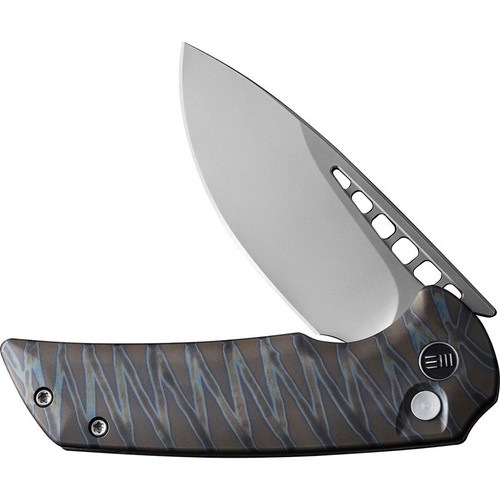 We Knife Company Mini Malice Flipper Knife - 2.98" CPM-20CV Bead Blasted Blade, Tiger Stripe Flamed Titanium Handles - WE054BL-6 We Knife Company Mini Malice Flipper Knife - 2.98" CPM-20CV Bead Blasted Blade, Tiger Stripe Flamed Titanium Handles - WE054BL-6