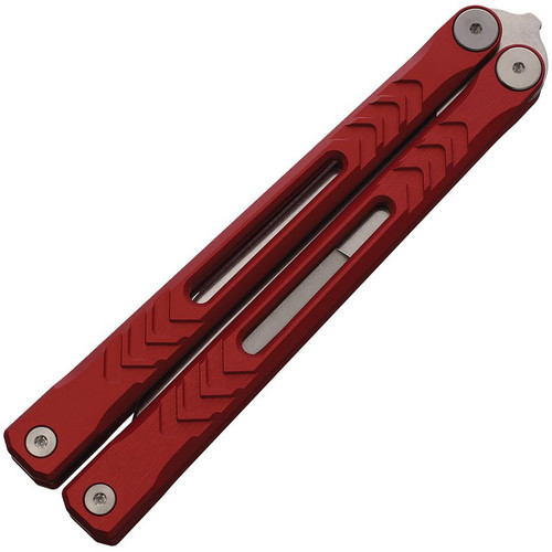 REVO Knives Nexus Balisong Butterfly Knife - 4.5" 154CM Stonewashed Clip Point Blade, Red Milled Aluminum Handles REVO Knives Nexus Balisong Butterfly Knife - 4.5" 154CM Stonewashed Clip Point Blade, Red Milled Aluminum Handles