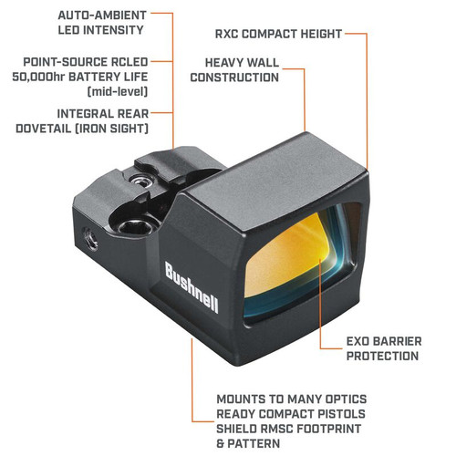 Bushnell RXC-200 Compact Reflex Sight - 6 MOA Red Dot Reticle, SHIELD™ RMS or RMSc Footprint, Black Bushnell RXC-200 Compact Reflex Sight - 6 MOA Red Dot Reticle, SHIELD™ RMS or RMSc Footprint, Black