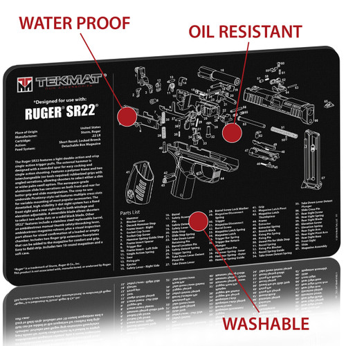 TekMat Ruger SR22 Pistol Mat - 11"x17", Black, Includes Small Microfiber TekTowel, Packed In Tube TekMat Ruger SR22 Pistol Mat - 11"x17", Black, Includes Small Microfiber TekTowel, Packed In Tube