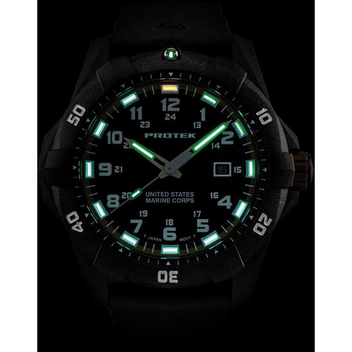 ProTek USMC 1011 Dive Watch - 42mm Carbon Composite Case, 300M Water Resistance, T25 Tritum Tube Illumination, Black Rubber Strap
