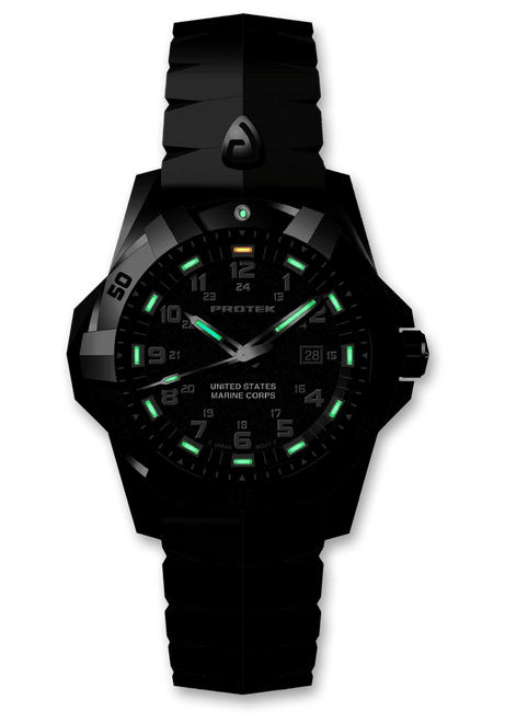 ProTek USMC 1015 Dive Watch - 42mm Carbon Composite Case, 300M Water Resistance, T25 Tritum Tube Illumination, Black Rubber Strap