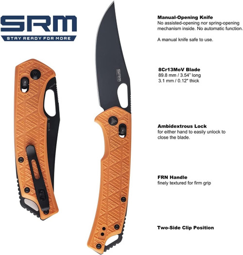 SRM Knives 9201 Ambi Lock Folding Knife - 3.54" 8Cr13MoV Steel Black Blade, Orange Textured FRN Handle - 9201-PJ SRM Knives 9201 Ambi Lock Folding Knife - 3.54" 8Cr13MoV Steel Black Blade, Orange Textured FRN Handle - 9201-PJ