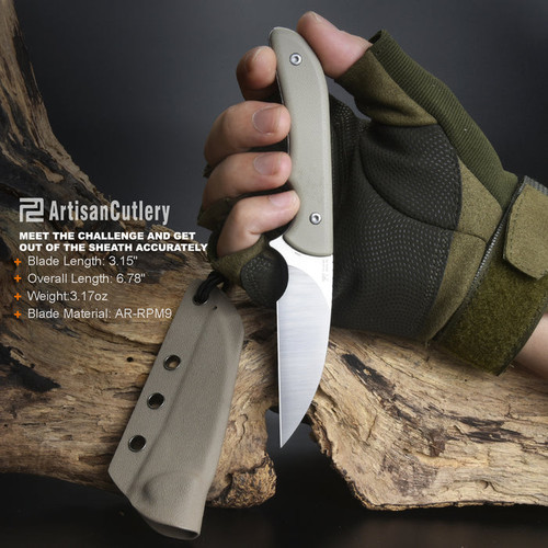 Artisan Cutlery Sea Snake Fixed Blade Knife - 3.15" AR-RPM9 Wharncliffe Blade, Desert Tan G10 Handle, Tan Kydex Sheath Artisan Cutlery Sea Snake Fixed Blade Knife - 3.15" AR-RPM9 Wharncliffe Blade, Desert Tan G10 Handle, Tan Kydex Sheath