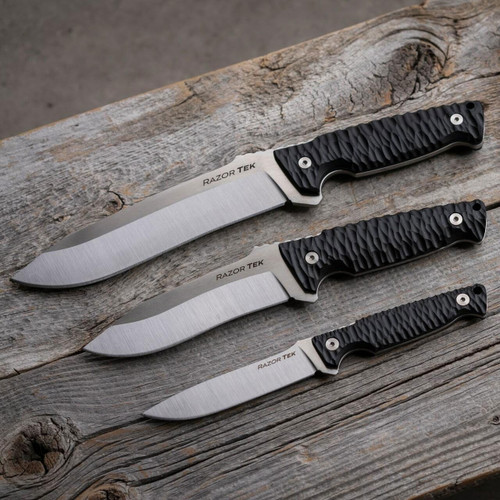 The Razor Tek Family (Top to Bottom):  6.5" Recurve, 4" Clip Point, 5" Recurve The Razor Tek Family (Top to Bottom):  6.5" Recurve, 4" Clip Point, 5" Recurve