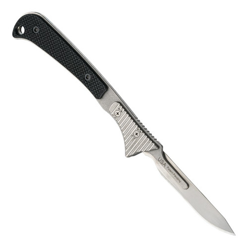 Hogue Extrak Scalpel Blade Knife - 2.5" Replaceable 440C Blade, Stainless Steel Frame, Black G10 Scales, Nylon Blade Guard  - 35876