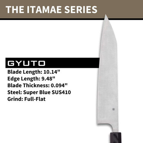 Spyderco Itamae Series Gyuto Knife - 10.14" Super Blue/SUS410 Blade, Burl and Black G10 Handle - K19GPBNBK Spyderco Itamae Series Gyuto Knife - 10.14" Super Blue/SUS410 Blade, Burl and Black G10 Handle - K19GPBNBK