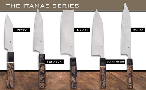 Spyderco Itamae Series Bunka Bocho Knife - 7.72" Super Blue/SUS410 Blade, Burl and Black G10 Handle - K18GPBNBK Spyderco Itamae Series Bunka Bocho Knife - 7.72" Super Blue/SUS410 Blade, Burl and Black G10 Handle - K18GPBNBK