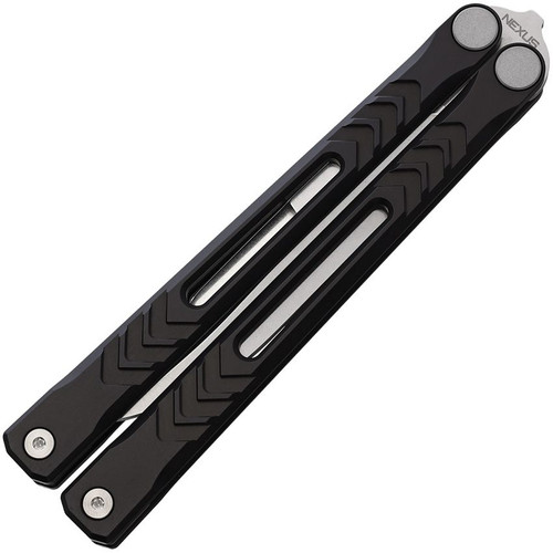 REVO Knives Nexus Balisong Butterfly Knife - 4.5" 154CM Stonewashed Clip Point Blade, Black Milled Aluminum Handles REVO Knives Nexus Balisong Butterfly Knife - 4.5" 154CM Stonewashed Clip Point Blade, Black Milled Aluminum Handles