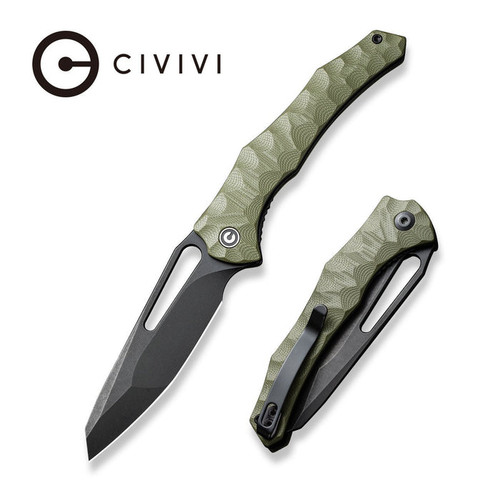 CIVIVI Knives Gavko Spiny Dogfish Folding Knife - 3.47" 14C28N Black Stonewashed Reverse Tanto Blade, Milled OD Green G10 Handles - C22006-3