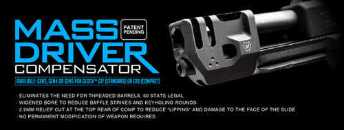 Strike Industries Mass Driver Compensator for Compact Glock Gen4® G17 Compatible Strike Industries Mass Driver Compensator for Compact Glock Gen4® G17 Compatible