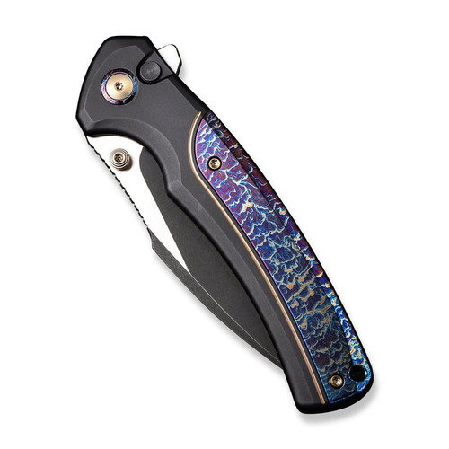 WE Knife Limited Edition Ziffius Flipper Knife - 3.7" CPM-20CV Black Stonewashed Two-Tone Wharncliffe Blade, Black Titanium Handles with Chidori Flamed Titanium Inlay, Chidori Accents - WE22024D-1 WE Knife Limited Edition Ziffius Flipper Knife - 3.7" CPM-20CV Black Stonewashed Two-Tone Wharncliffe Blade, Black Titanium Handles with Chidori Flamed Titanium Inlay, Chidori Accents - WE22024D-1